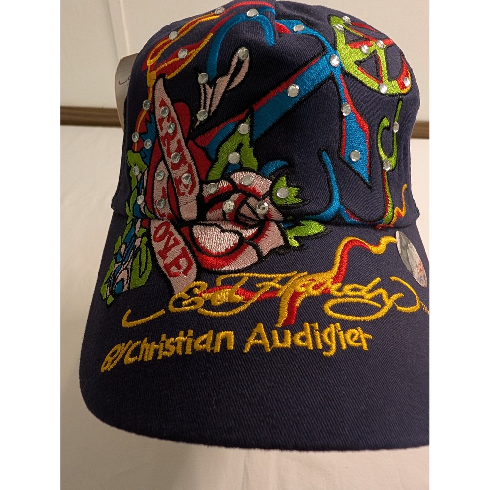 Ed Hardy Christian Audigier Vintage Trucker Hat Navy Rose Anchor Rhinestone NWT